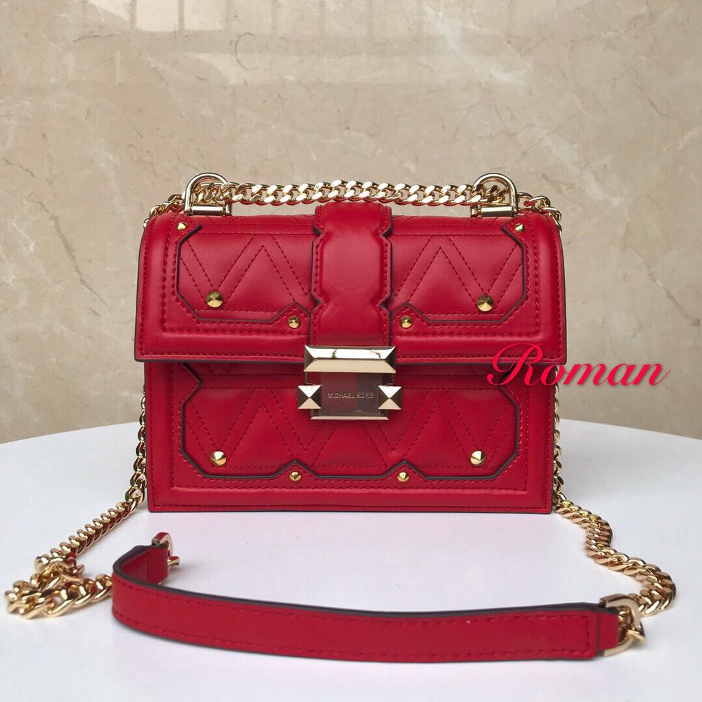 michael kors red purse with gold chain