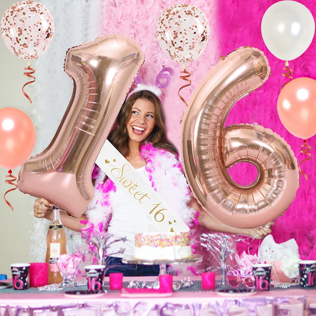 JOYMEMO 16th Birthday Decorations for Girls Sweet 16 Cake Topper and Satin Sash, Rose Gold Number 16 Balloons, Confetti Balloons and Happy Birthday Banner for Sixteen Party Supplies