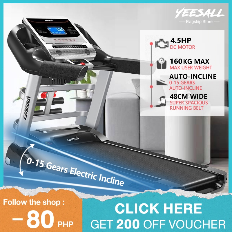 Yeesall 4.5HP Electric Treadmill 0-15 Gears Incline Bluetooth Multi ...