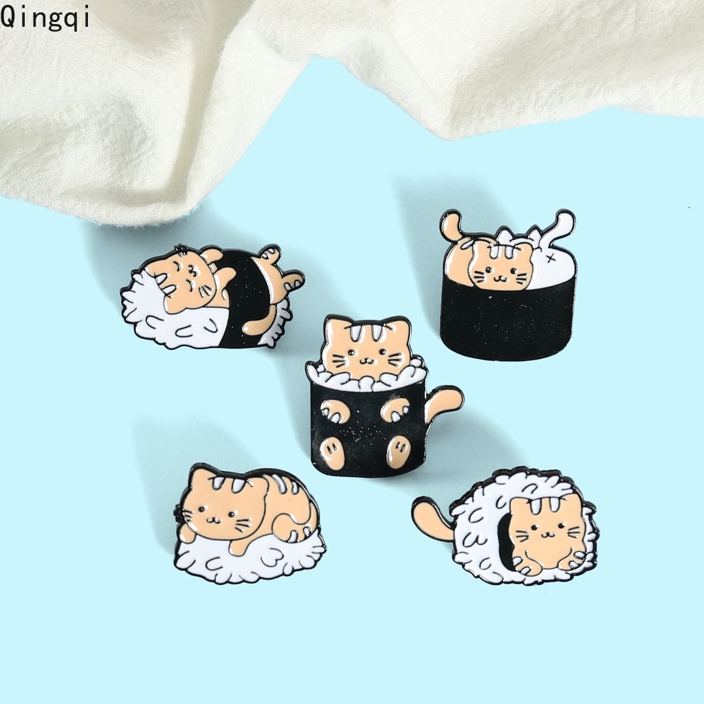 Cat Sushi Rice Ball Enamel Pins Cute Animals Japanese Foods Brooch Lapel Badge Cartoon Jewelry Gift for Kid Friend