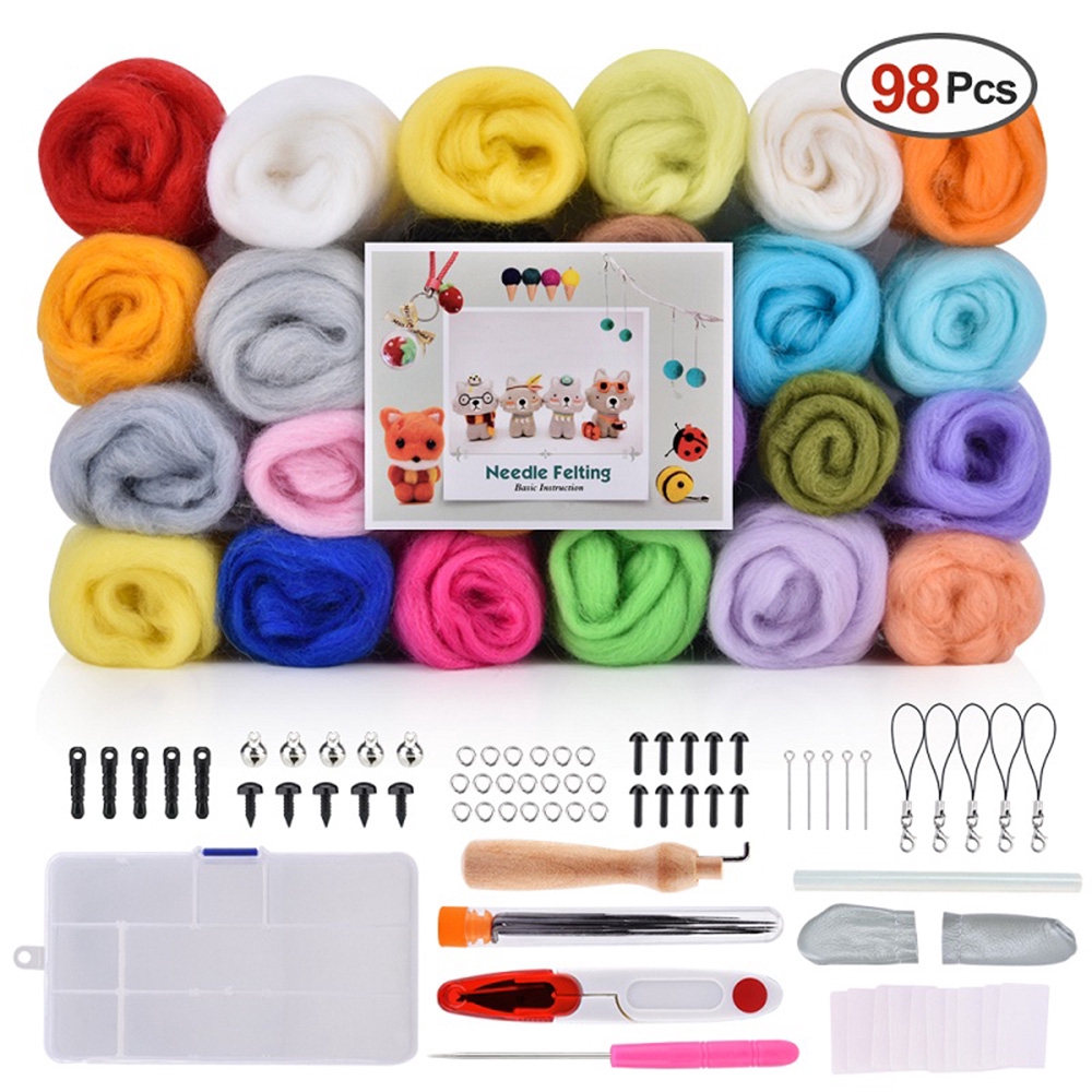 【Ready Stock】24 Color DIY Wool Felt Kit Needles Tool Set Handmade Needle Felting Mat Starter