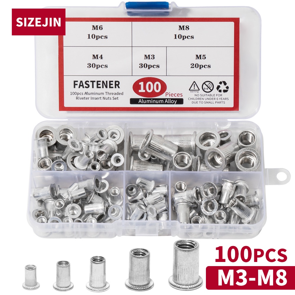 100 Pieces Aluminum Rivet Nuts M3 M4 M5 M6 M8 Flat head Rivnuts Threaded Rivet Insert Nutsert