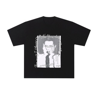 couple tshirt front portrait American trend print hip hop cotton crewneck unisex plus size black top #6