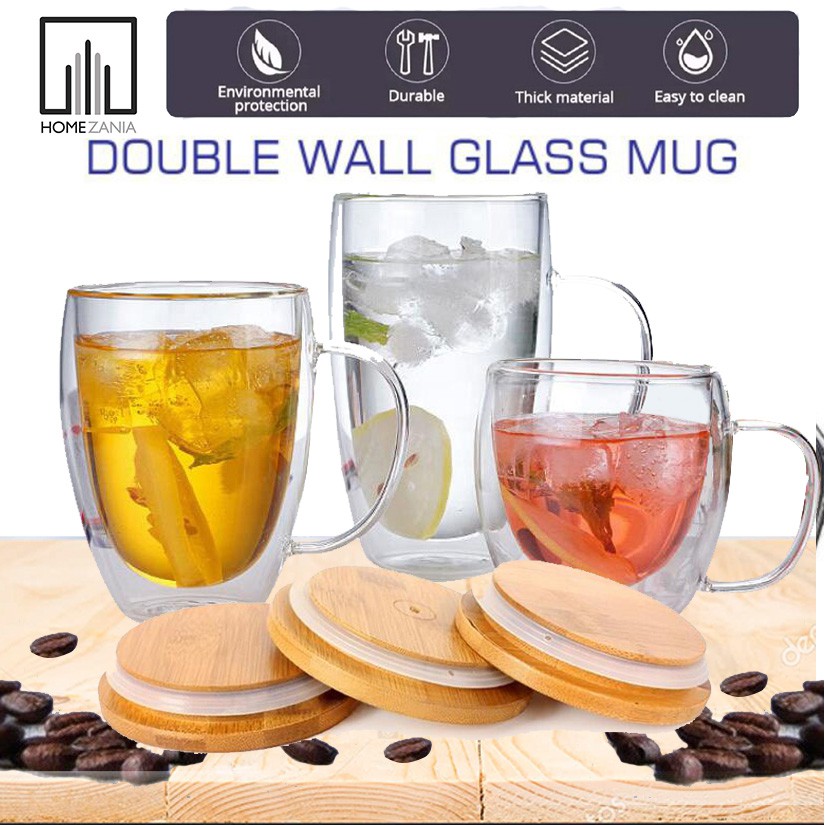Home Zania Double Wall Glass 250/350/450/500ml Mug Heat Resistant