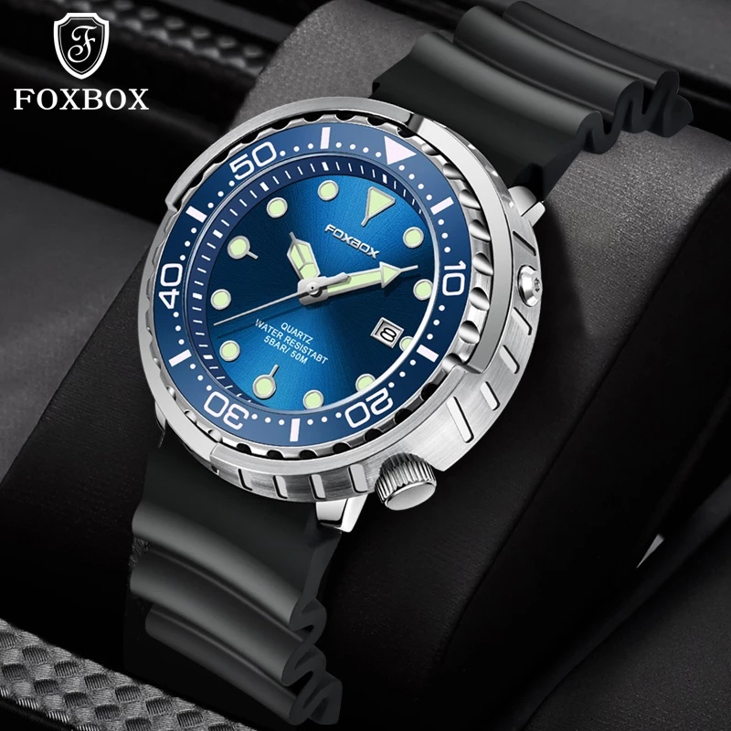 FOXBOX Fashion Watch for Men Luxury Silicone Watch Men Quartz Date 50m