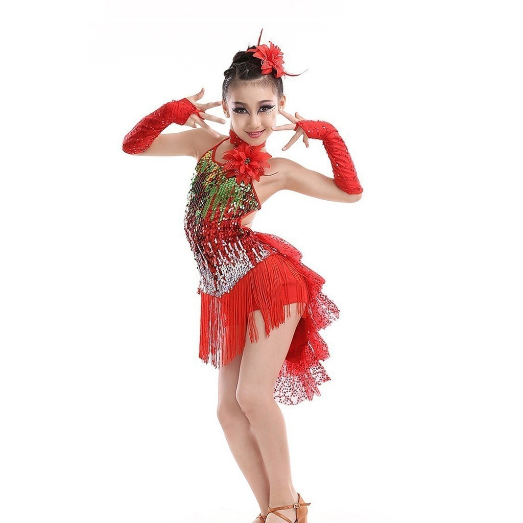 Happy Cherry Girl Sparkling Sequin Double Tassel Dancing Latin Rumba Salsa Dress 