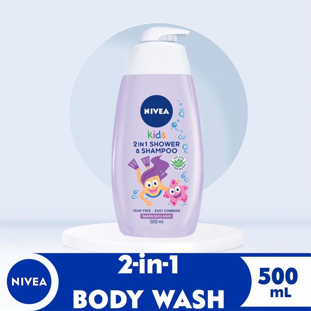 NIVEA Bath 2in1 Shower and Shampoo Sparkle Berry Scent, 2in1 Wash