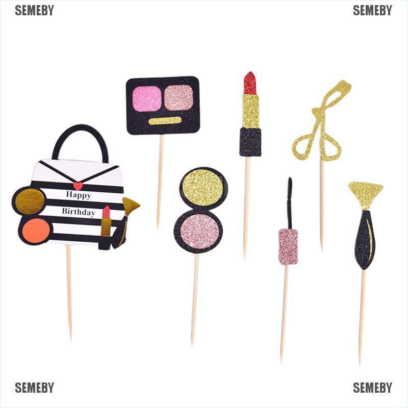 SEMEBY 1 Set Lipsticks & Eyeshadow Box Cake Toppers Party Cupcake Flag Cake Decorations