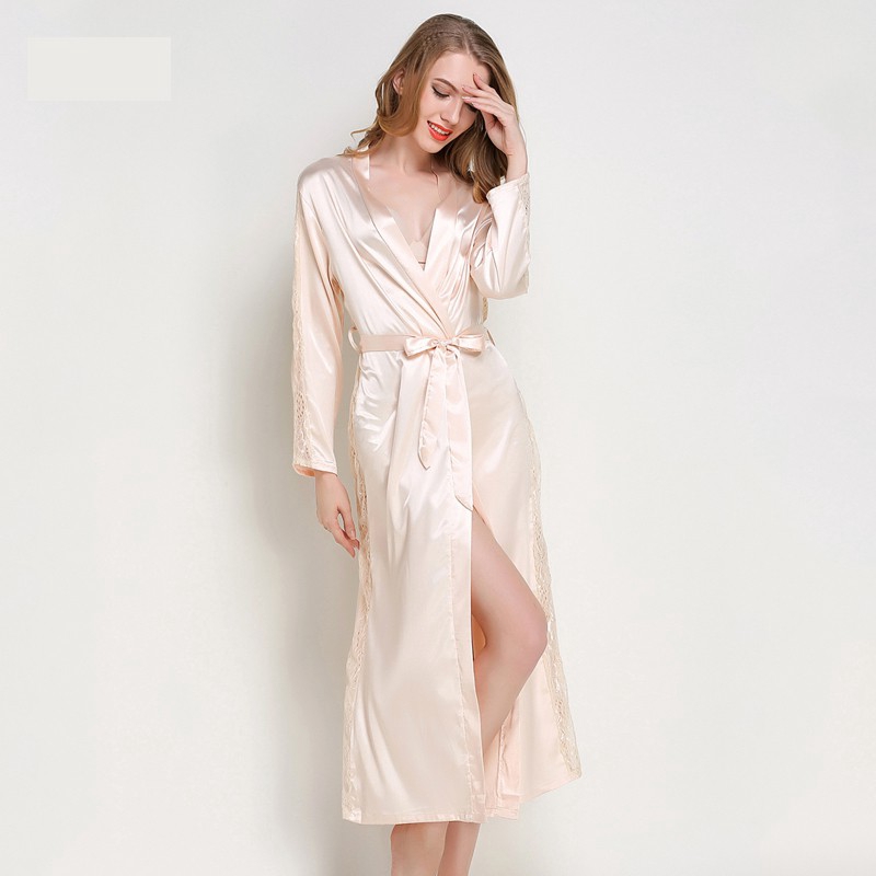 Long Robe Sexy Silk Satin Bathrobe Lace Sleepwear Nightwear Shopee