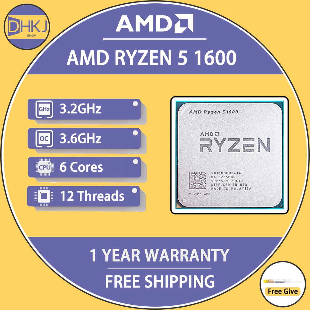 USED AMD Ryzen 5 1600 R5 1600 3.2 GHz Six-Core Twelve Thread 65W CPU ...