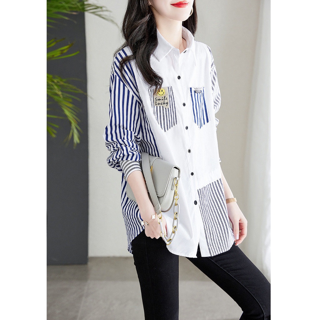 2022 Spring New Style/Ladies Fashion Striped Casual Top/Lapel Single-Breasted Contrast Color Stitching Shirt Women/fashion/women/shirt/top/women tops/shirts/tops/women top/women shirt/women clothes/clothes/blouse/women blouse/Long Sleeve shirt/