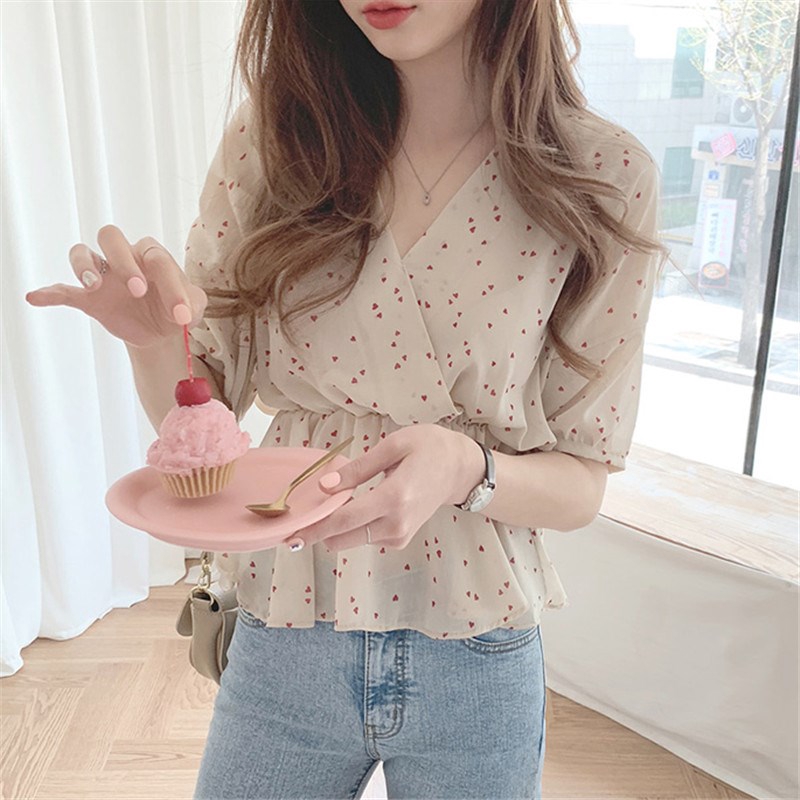 Pink Korean Blouse Shirt 2026.Korean Blouse Polka Dot Fashion Tops Short Sleeve V-neck Elegant Women ...