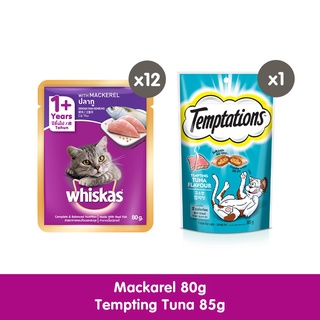 ✗WHISKAS Cat Food Wet Mackerel 80 g - 12 Pouch + TEMPTATIONS Cat treats Tempting Tuna flavour 85g