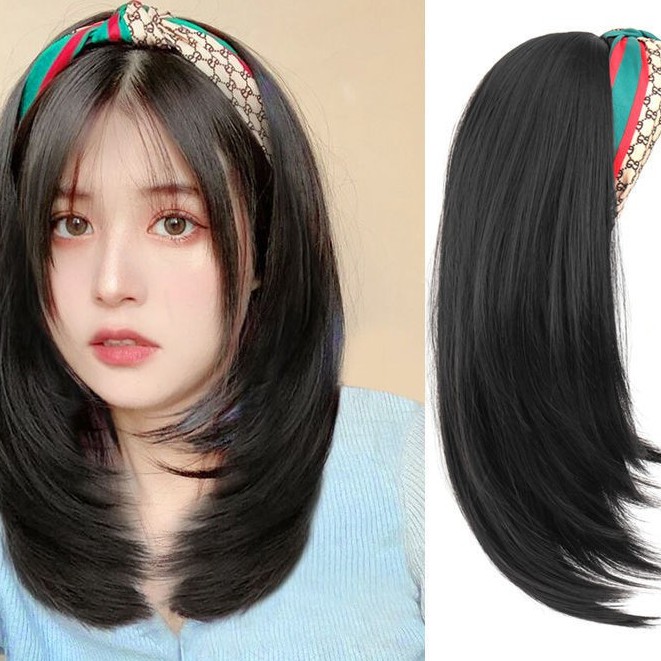 Hair band wig one female short hair medium and long hair U-shaped half head  cover invisible seamless net red round face age reduction clavicle hair |  Shopee Philippines