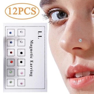12Pcs/Card Fashion Magnetic Non Piercing Rhinestone Nose Sticker / Colorful Lip Studs Set / Cartilage Studs Ring Unisex Jewelry
