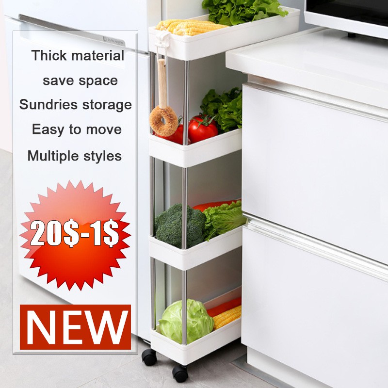 New 3/4 Layer Gap Kitchen Storage Rack Slim Slide Tower Movable Assemble Plastic Bathroom Shelf