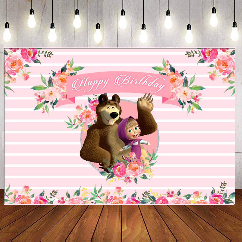 Masha and Bear Floral Birthday Backdrop Cartoon Characters Pink Stripes  Flowers Photography Background for Children Party Decoration Custom Name  Photo | Shopee Philippines