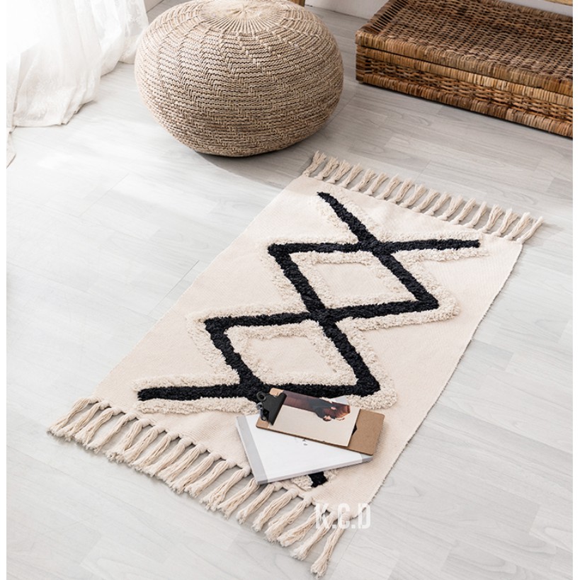 Seavish Tufted Cotton Area Rug,Geometric Hand Woven Tassel Throw Rug