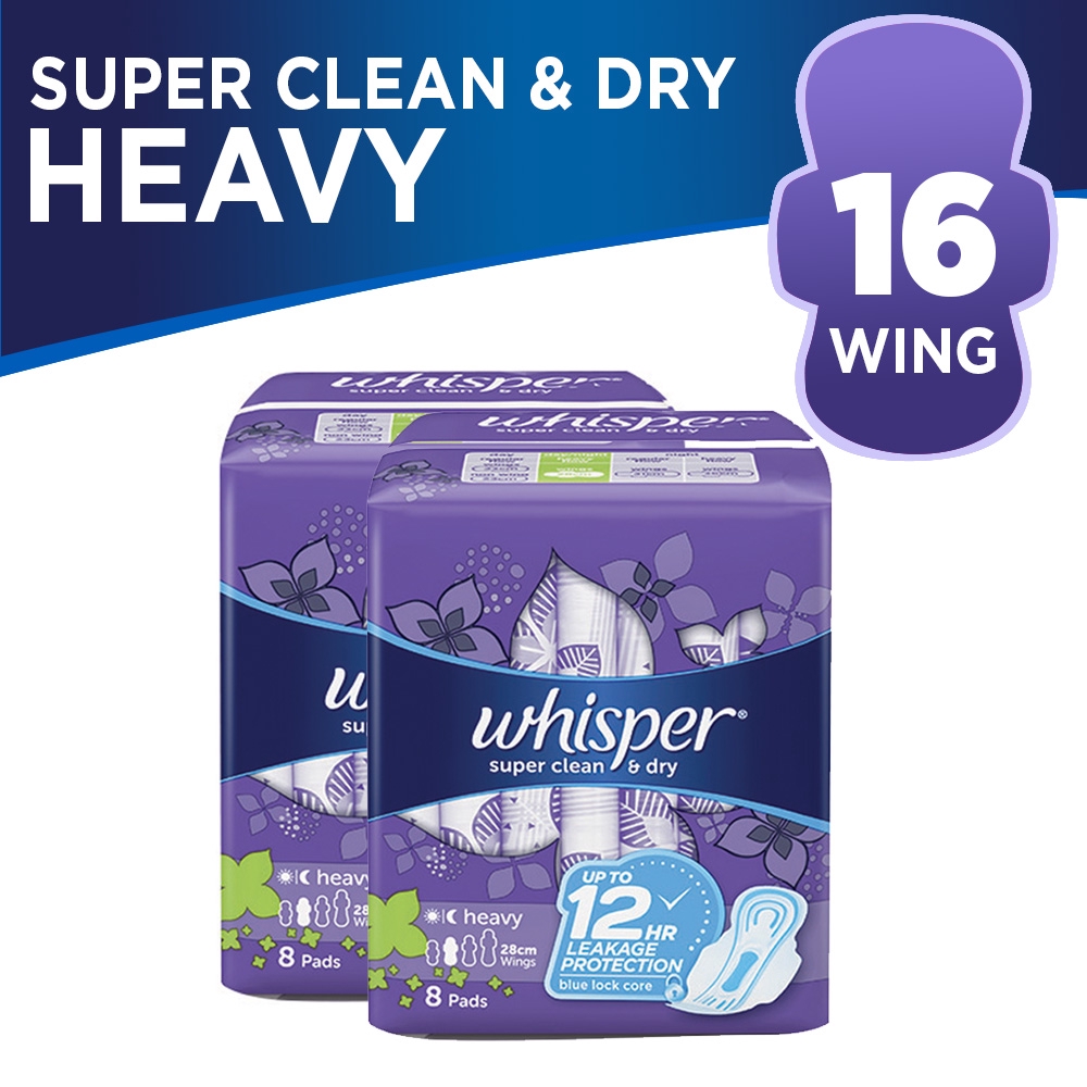 Whisper Super Clean & Dry Heavy Flow / Overnight Wings 8 Pads Sanitary