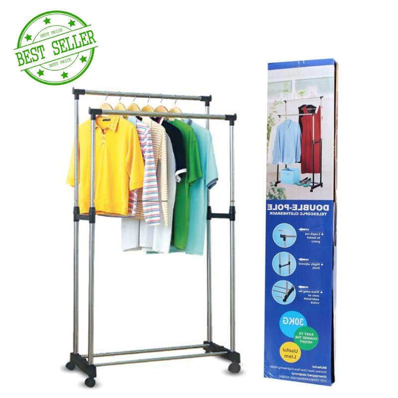 Shopehereph001 Double Pole Telescopic Clothes Rack High Quality Double