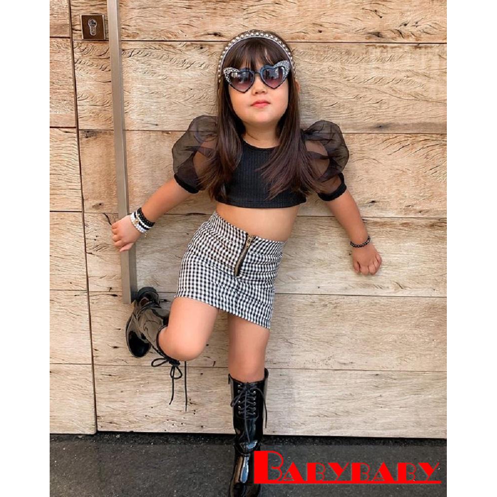 Baby Girl Set Summer Breathable Solid Color Puff Sleeve Round Collar Short Sleeve Crop Tops Plaid Pattern Mini Skirt Set Shopee Philippines