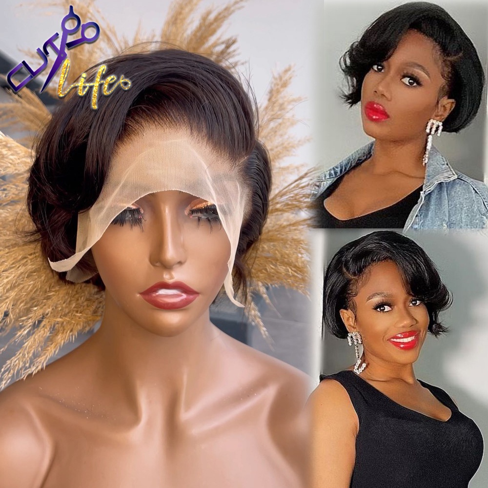 *Gw8Lace Front Human Hair Wigs Short Bob Pixie Cut Wig For Black Women
