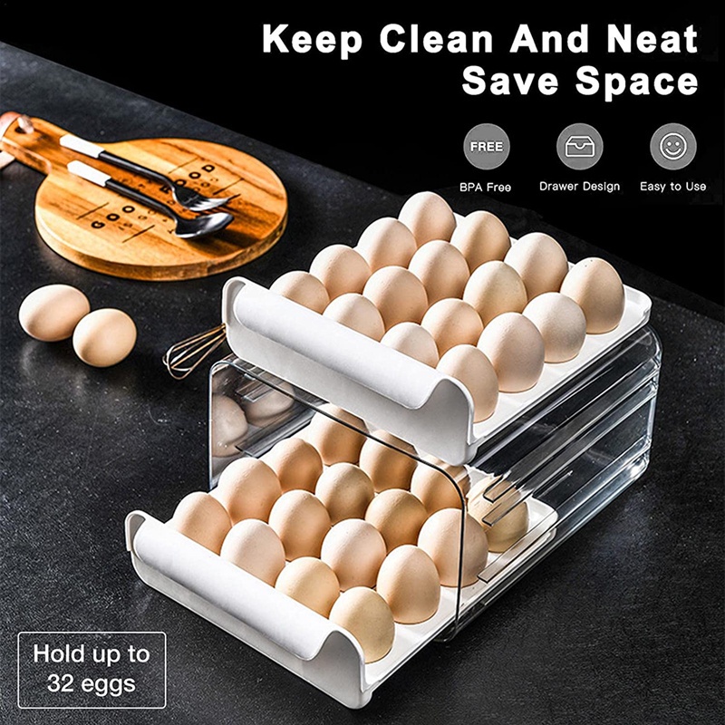Gray QIEUUOD Double layer Egg Holder Drawer Type Kitchen Egg Storage Container For Refrigerator 32 Egg Tray Transparent Storage Box 