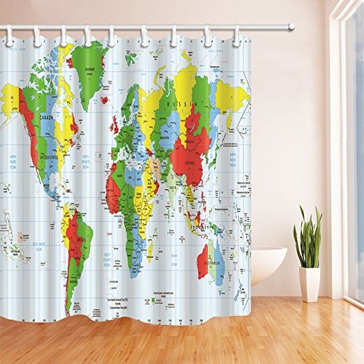 Educate Children Decor Detailed World, World Map Shower Curtain Fabric