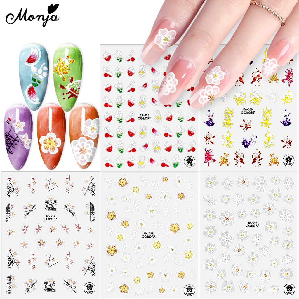 Monja 5D Embossed Nail Art Stickers White Lace Flowers Fruits Adhesive ...