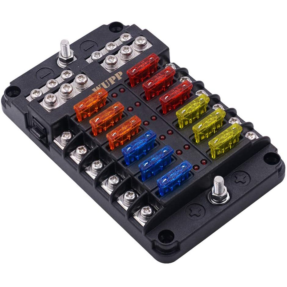 Jamgoer 12 Way Fuse Block with LED Light Indication Protection Cover,Connect Terminals Stick Label for Automotive Car Truck Boat Marine 