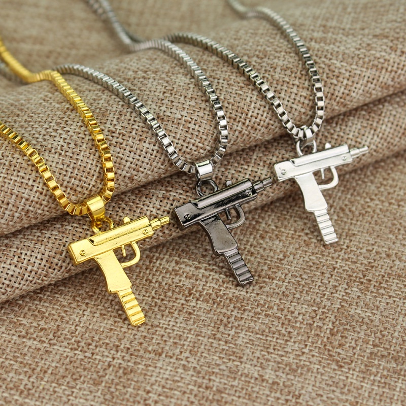 New Cool Gothic Hip Hop UZI Kolye GUN Shape Pendant Necklace Gold/Black Silver Color Army Style Male