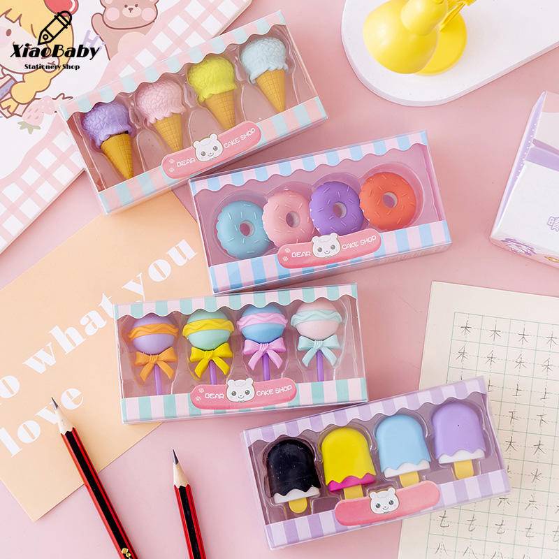 4pcs/set Mini Erase Cute Design Yummy Dessert Erasers Set Mini Lollipop