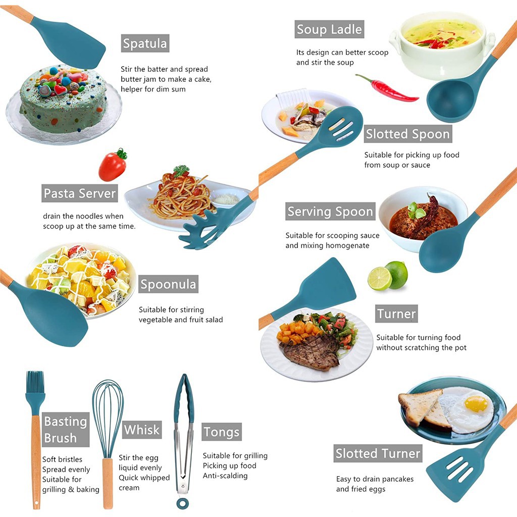 Silicone Kitchen Cooking Utensils Set 12PCS Essentials Baking Kitchen Tools Nonstick Cookware Heat
