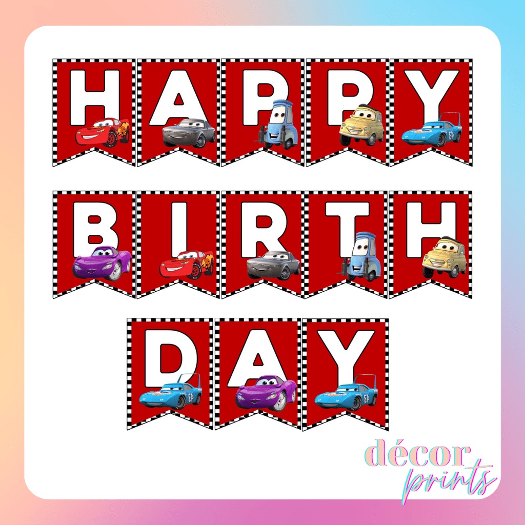 1 LETTER/FLAG Cars themed Birthday Banner Cars happy Birthday banner