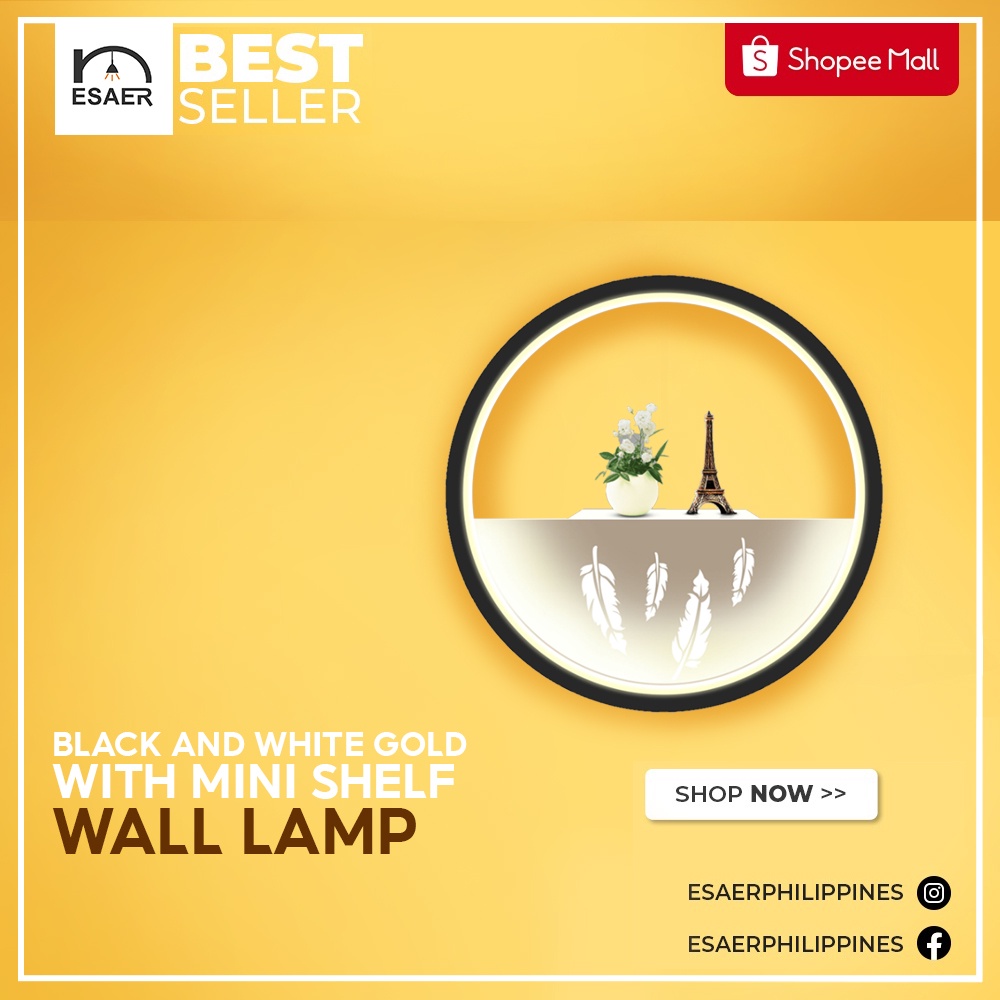 ESAER Led Wall Lamp Indoor Black And White Gold Wall Lamp with mini shelf Wall Light Decoration