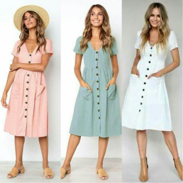 v neck button down dress