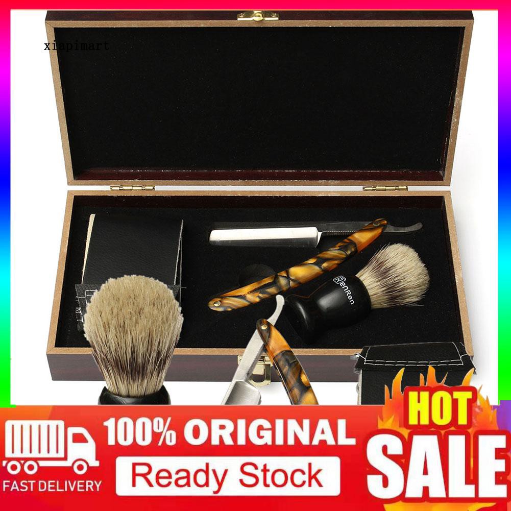 Lyy 4pcs Portable Men Shaving Razor Brush Strop Wooden Box Kit