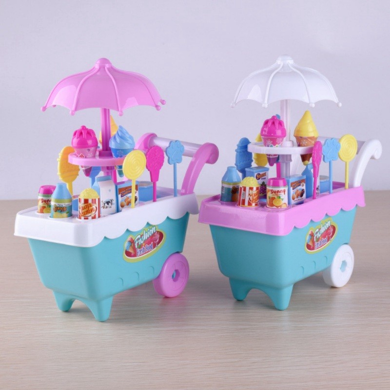 Kids Cake Food Set Ice Cream Cart Shop Toy Pretend Play Set with Music Lighting 