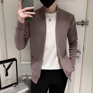 【2-Color】M-2XL Korean style solid color knitted cardigan long sleeve jacket for men Versatile Trend Casual Fashion Slim Business Thin Teens Collarless sweater Jacket mens