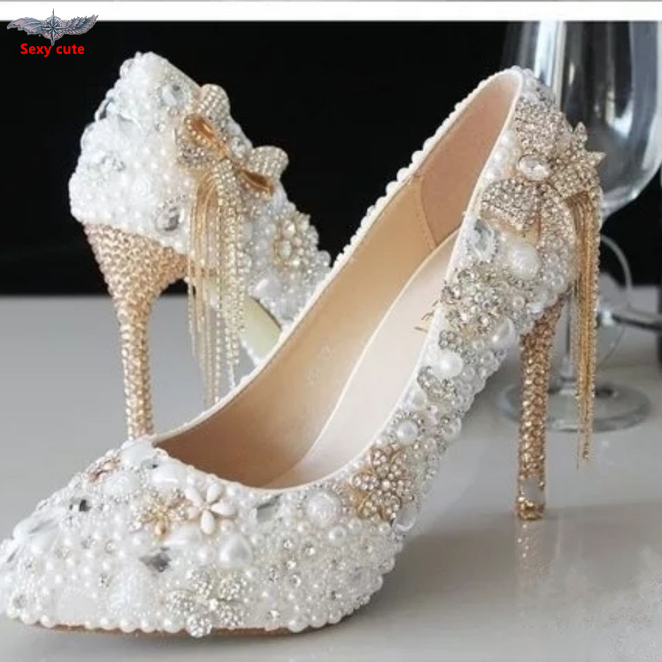 Slipper wedding shoes bridal shoes pearl tassels bow female high-heeled shoes large shoes stage performances | Shopee Philippines