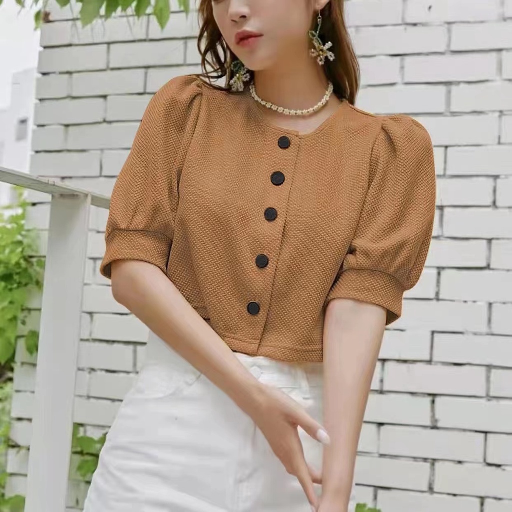 Angelcity inspired Ribbed Puff Sleeve with buttons crop tops blouse