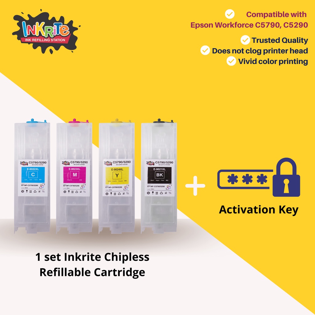 Inkrite Chipless Refillable Ink Cartridge with ACTIVATION KEY for Epson