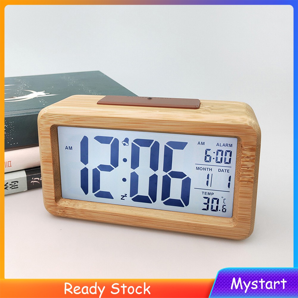 Digital Alarm Clock Wooden Time Display Battery Operated Electronic