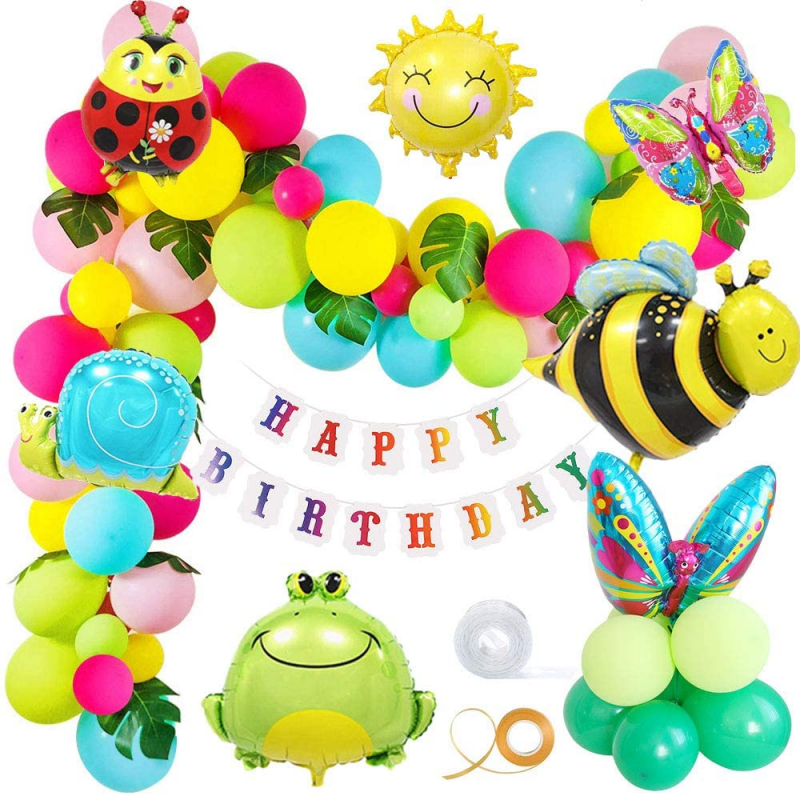 【Aperil】63pcs Happy Birthday Balloon Set Party Decoration Latex Balloon Home Decor Foil Balloon Field Insect Theme Butterfly Frog Ladybug Bee Snail Sun Balloon