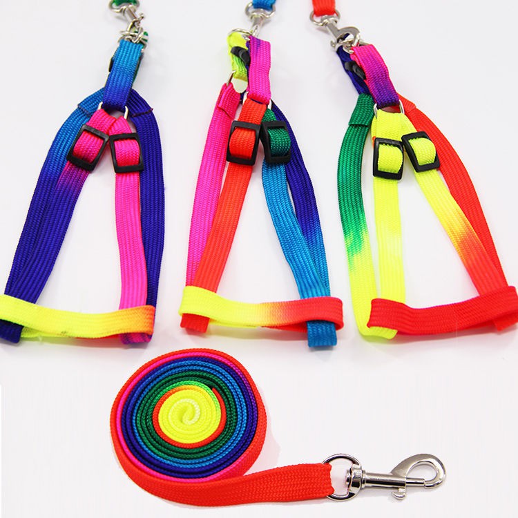 Colorful Rainbow Pet Dog Collar Harness Leash Soft Walking Harness Lead
