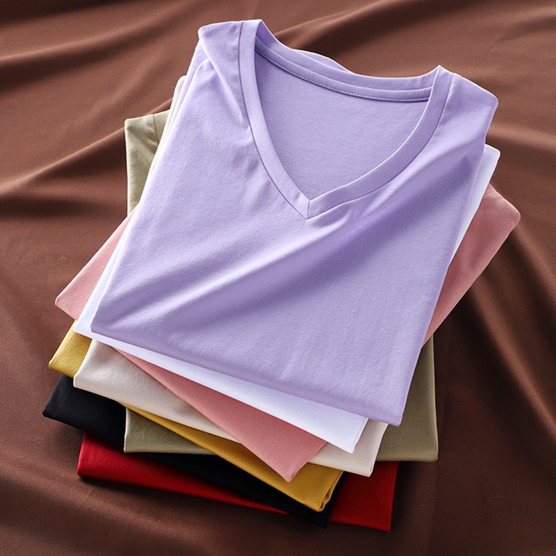 Women’s loose solid pastel colors plain short sleeve round neck vneck