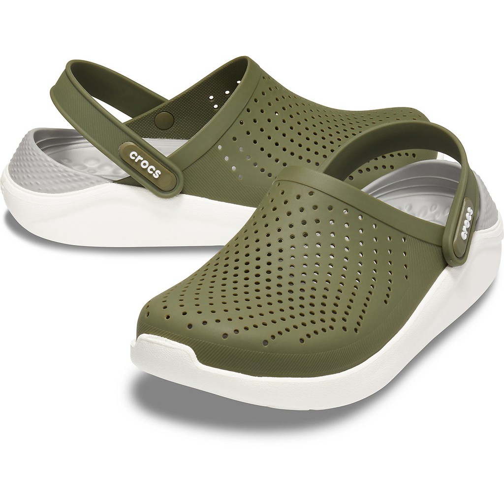 grey and green crocs