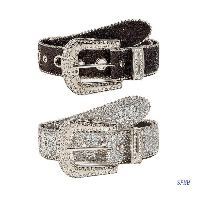 ☀SUPB☀ Goth Rhinestone Belts Women PU Leather Strap Rhinestone Belts