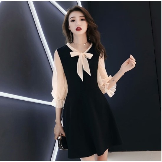 Long Sleeve Dress Small Evening Dress One Piece Dress Women Autumn New Party Celebrity Birthday Party Color Matching Bow Slim Dress Black Short Annual Meeting Dress A Line Skirt Short Skirt Shopee