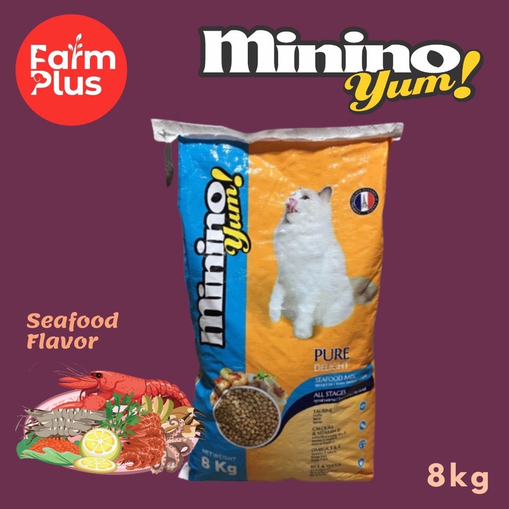 Thức ăn cho mèo Minino Yum Seafood Mix túi 8kg - Cat Food | Shopee Philippines là món ăn tuyệt vời cho chú mèo của bạn. Hãy xem hình ảnh để thấy sự phong phú của thức ăn hải sản, bao gồm các loại đặc sản ngon miệng, kèm theo chất dinh dưỡng chính là protein.